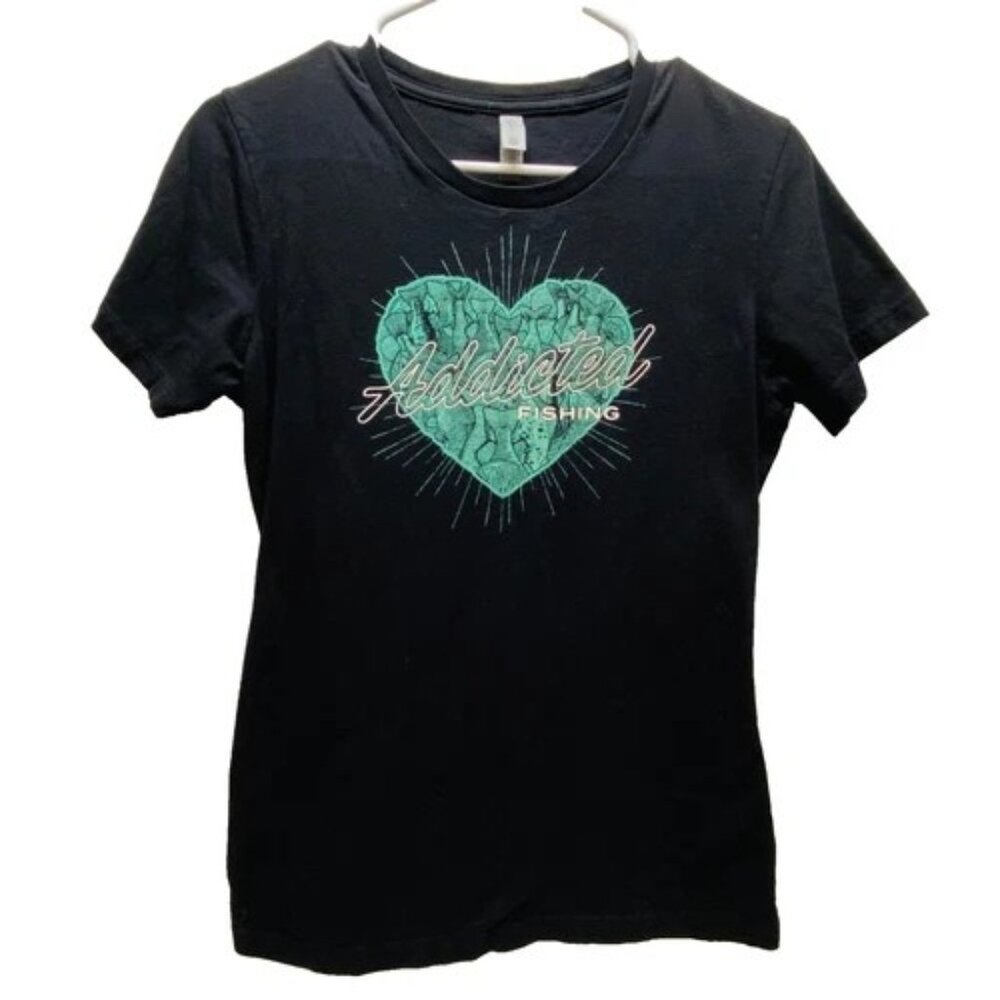 Addicted To Fishing T-Shirt Women's Large Black Stretch Next Level Fish Logo Tee